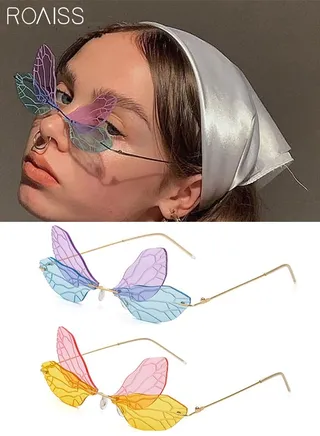 Irregular Vintage Two Tone Sunglasses - Dragonfly Wing Shape, Rimless Design - 2 Pack with UV400 Protection, Ideal for Women at Parties and Street Photography 