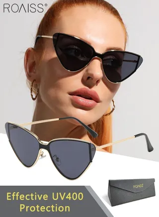 Women's Cat Eye Sunglasses, UV400 Protection Sun Glasses with Metal Frame and Grey Lens, Fashion Anti-glare Sun Shades for Women with Glasses Case, 69mm 