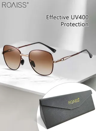 Women's Polarized Square Sunglasses, UV400 Protection Sun Glasses with Foldable Design, Fashion Anti-glare Sun Shades for Women with Glasses Case, 57mm, Brown Gold 