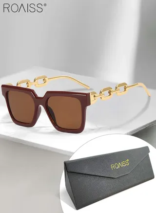 Women's Square Sunglasses, UV400 Protection Sun Glasses with Stylish Gold Chain Temples, Fashion Anti-glare Sun Shades for Women with Glasses Case, 54mm, Dark Brown 