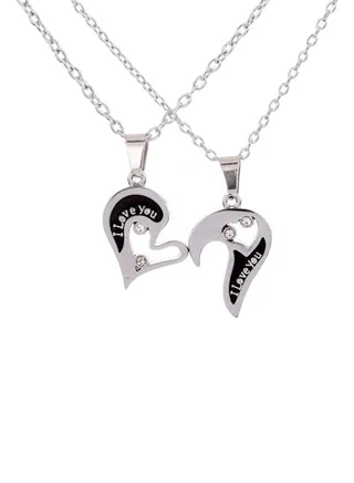 2-Piece Rhinestone Studded His And Hers Heart Pendant Necklace 