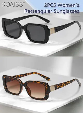 2PCS Women's Rectangular Sunglasses, UV400 Protection Sun Glasses, Fashion Decorative Eyewear for Outdoor Party Street Photography, Black and Leopard 