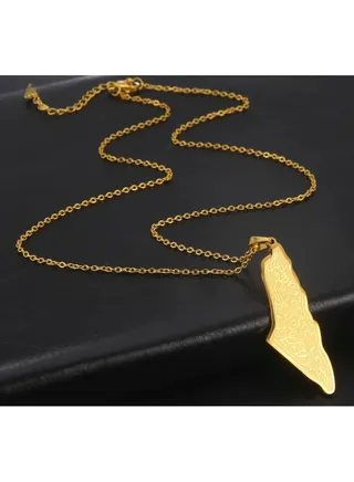 Palestine Necklace - Stainless Steel - Map and Arabic Calligraphy Design - Gold 