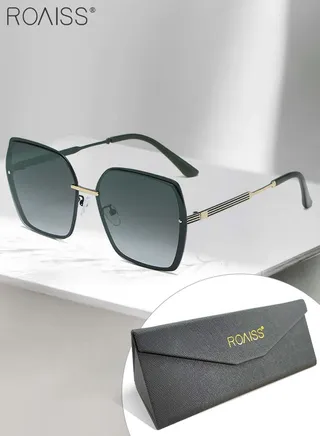 Women's Oversized Square Polarized Sunglasses UV400 Protection Sun Glasses with Green Metal Frame Fashion Anti-glare Sun Shades for Women with Glasses Case 63mm 