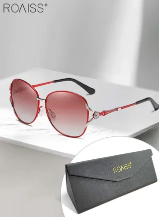 Women's Butterfly Polarized Sunglasses, UV400 Protection Sun Glasses with Silver Red Metal Frame Decorated with Flower Pattern, Fashion Anti-glare Sun Shades for Women with Glasses Case, 61mm 