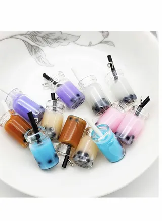 48 Pcs Charms, DIY Keychain Boba Fruit Tea Milk Mini Bottle Charms Pendant for Jewelry Craft Earring Keychain, 12 Styles, 