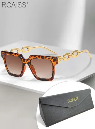 Women's Square Sunglasses, UV400 Protection Sun Glasses with Stylish Gold Chain Temples, Fashion Anti-glare Sun Shades for Women with Glasses Case, 54mm, Leopard pattern 
