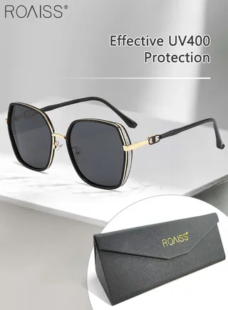 Women's Polarized Hexagon Sunglasses, UV400 Protection Sun Glasses with Shiny Side Frame, Oversize Fashion Anti-glare Sun Shades for Women with Glasses Case, 60mm, Black Gold 