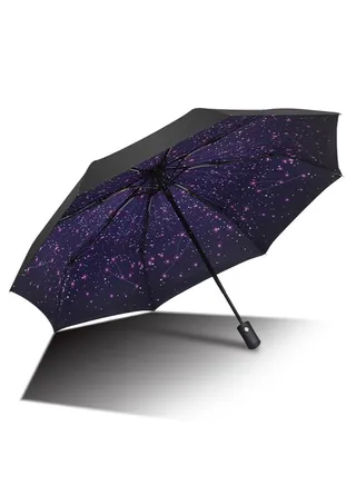 Star Pattern UPF 50+ UV Protection Umbrella Sun Rain Folding Auto Open-Close 8 Ribs Travel Umbrella Black/Purple 