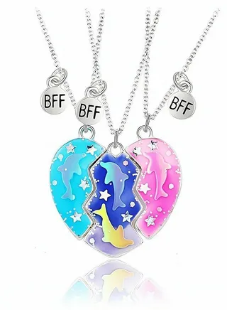 Best Friend Necklace, Half Heart Pendant, Friendship Necklace, BFF Necklace for 3-Split Heart Necklace, Sister Necklace Set Jewelry Birthday Gift for friend, 1 Set 