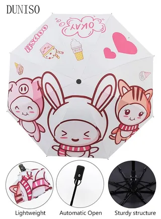 Kids Folding Umbrella Automatic Open Cartoon Travel Umbrella Waterproof and UV-Resistant Compact Windproof Umbrella for Girls and Boy 