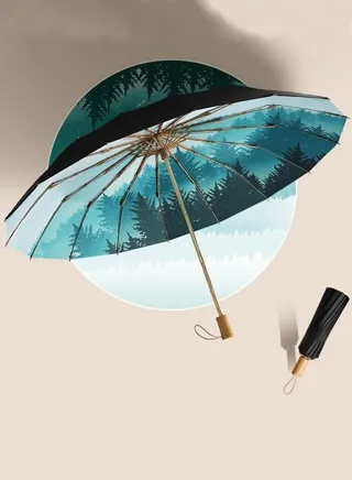 Retro Fashion Strong 16 Ribs UV Protection Sun Umbrella Black/Green 