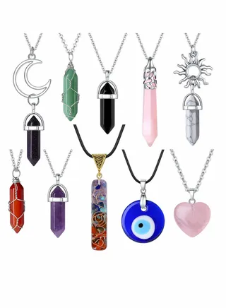 Crystal Pendant Necklace 10Pcs Healing Amethyst Crystals Carnelian Chakra Necklaces Evil Eye Necklace Rose Quartz Obsidian Moon Sun Jewelry Heart Gemstone Aventurine Turquoise Pendant for Women 