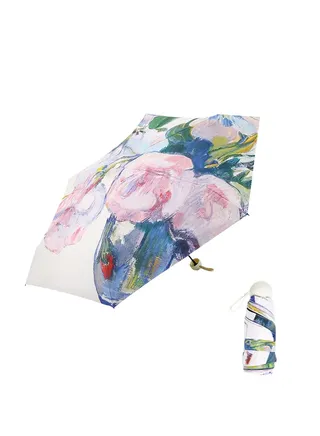 Folding Mini Umbrella, 6 Ribs Compact Umbrella Windproof Strong, Small Umbrella with Watercolour Patterns, UV Protection Travel Umbrella, Fast Dry and Lightweight Portable Umbrella for Women Men 