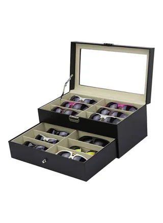 12-Compartment Leather Exterior Sunglasses Storage Case 
