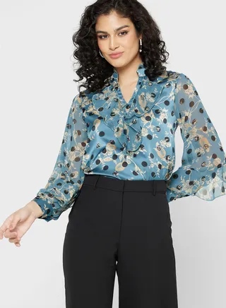 Ruffle Front Printed Shirt