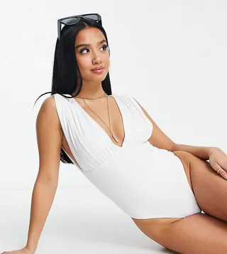ASOS DESIGN Petite gathered plunge swimsuit in white
