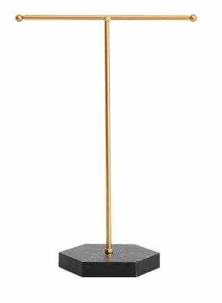 Jewelry Stand Display Necklace Holder T-Shape Plated Metal Tabletop Jewelry Organizer Tower for Show Jewelry Hanging Pendant Earring Bracelet Ring Accessorie with Black Marble Plywood Bases 
