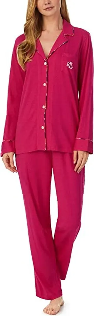LAUREN Ralph Lauren Long Sleeve Knit Solid Notch PJ Set (Pink) Women's Pajama Sets