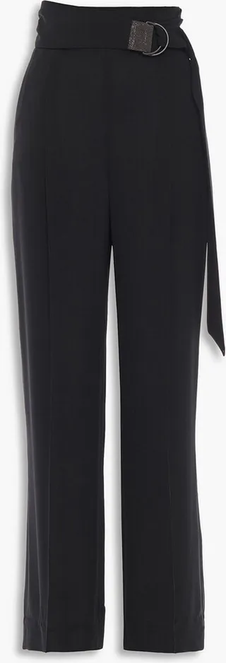 Bead-embellished belted silk-crepe wide-leg pants