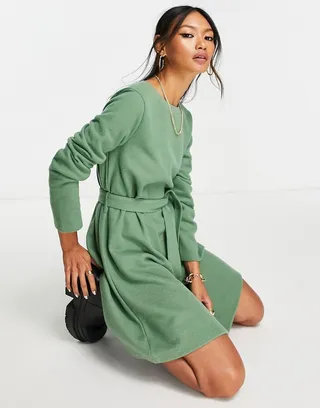 ASOS DESIGN super soft crew neck mini sweater dress with belt in khaki