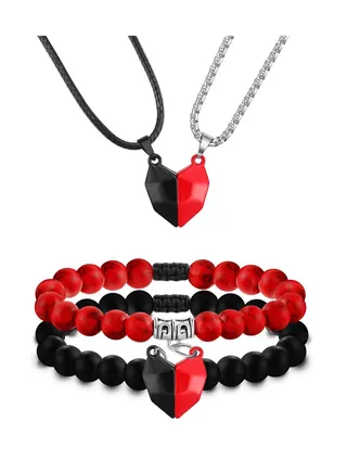 4 Pcs Couples Bracelets Necklace Set for Women Men Matching Bracelets Necklace Couples Magnetic Heart Necklace Bead Bracelet for Valentine's Day Natural Stone Bead Couple Jewelry 