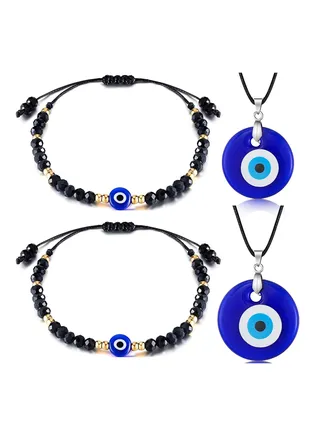 4 Pieces Evil Eye Bracelet and Necklace Set Third Eye Jewelry Blue Eye Bead Hamsa Hand Stretch Bracelet and Glass Eye Faux Leather Rope Chain Necklace for Women and Men 