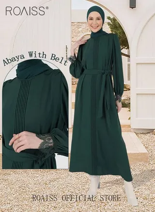 Women's A-Line Dress with Waistband Slim Lace Cuffs Splicing Round Neck Long-Sleeved Abaya Dress for Ladies Olive Green Color 