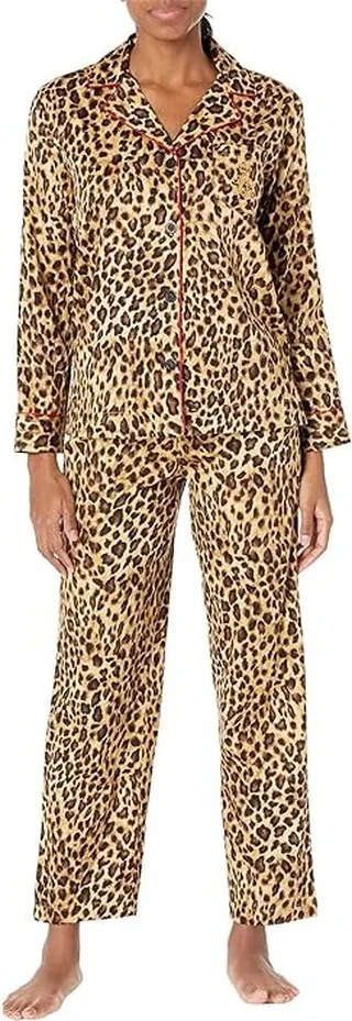 LAUREN Ralph Lauren Petite Long Sleeve Notch Collar Long PJ Set (Leopard) Women's Pajama Sets