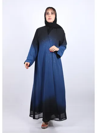 Maxi Abaya Made Of Bright Colored Chiffon Fabric With Modern Elegance And Professional Touches With Long Sleeves And  Veil, Black-Blue 