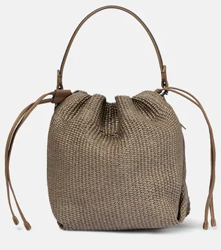 Raffia leather-trimmed bucket bag