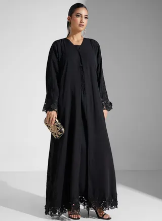 Embellished Lace Detail Flared Sleeve Abaya