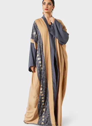 Contrast Panel Embroidered Abaya