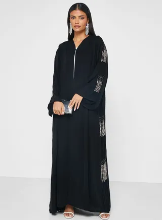 Embellished Lace Detail Abaya 