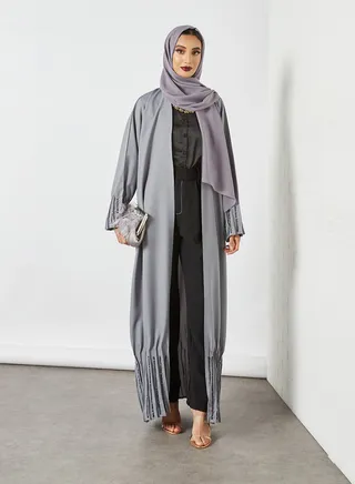 Pleat Detail Embellished Abaya Grey 
