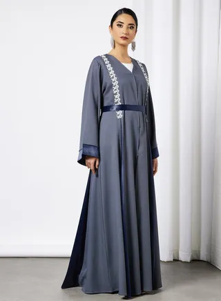 Lace Detail Belted Abaya Grey 