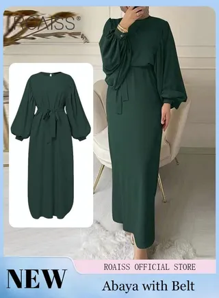 Abaya with Belt for Women Ladies Long Sleeve Dress Classic Style Lantern Sleeve Tunic Round Neck Casual Elegant Dress for Daily Outfit 