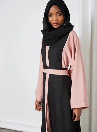 Linen Detail Colourblock Abaya Pink 