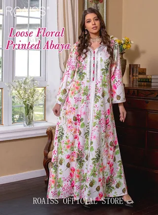 Women's V-Neck Long-Sleeved Dress Floral Pattern Embroidery Front Arabian Robe 