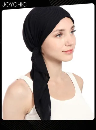 Women's Solid Color Wrinkle Turban Cotton Chemo Hat Casual Windproof Head Scarves Slip-On Pre-Tied Hijab  for Ladies All Seasons Black 