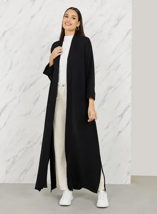 Textured Open Front Casual Maxi Abaya with Side Slit 