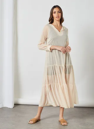 Tiered Sheer Midi Dress Beige 