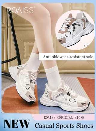 Women Sports and Leisure Shoes Thick Sole Round Toe Medium Heel Low Top Mesh 