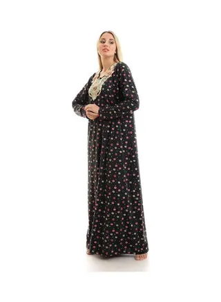 Printed Long Sleeve Maxi Jalabiya Black 