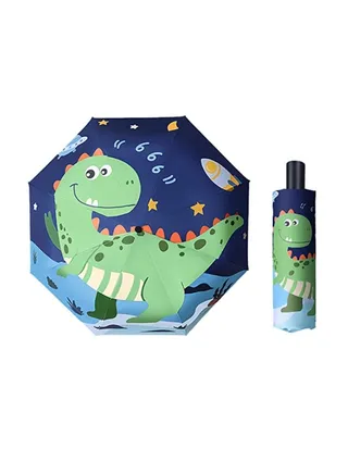 Folding Travel Umbrella for Kids Manual Open and Close Windproof Rainproof Lightweight Compact Sun Umbrella Cartoon Green Dinosaurs Design 