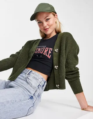 New Look button front knit cardigan in khaki