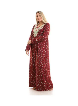Printed Long Sleeve Maxi Jalabiya Burgundy 