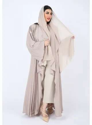 Maxi  Plissé Abaya with Long Wide Sleeves ,Beige 