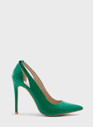 Croc Effect Cutout Detail Pointed Pump Green 