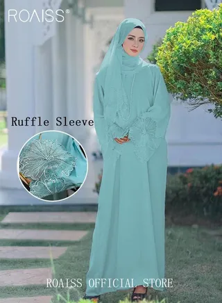 2Pcs-Women's Robe Dress Solid Color Floral Embroidery Lace Edge With Same Headscarf 